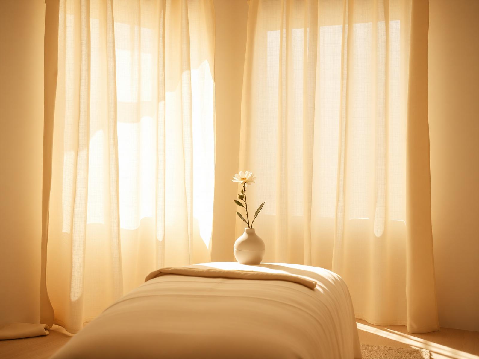 Calm spa interior with linen curtains and warm light